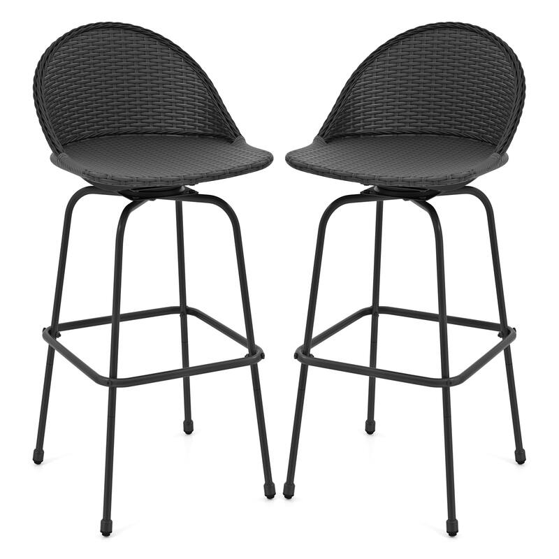 Gymax Rattan Swivel Barstools Set of 2 w/ Curved Back & Heavy-Duty - Counter Height - Black - Set of 2