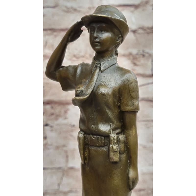 Hot Cast Bronze Figure Sculpture Female Cadet Soldier Officer On Marble Base