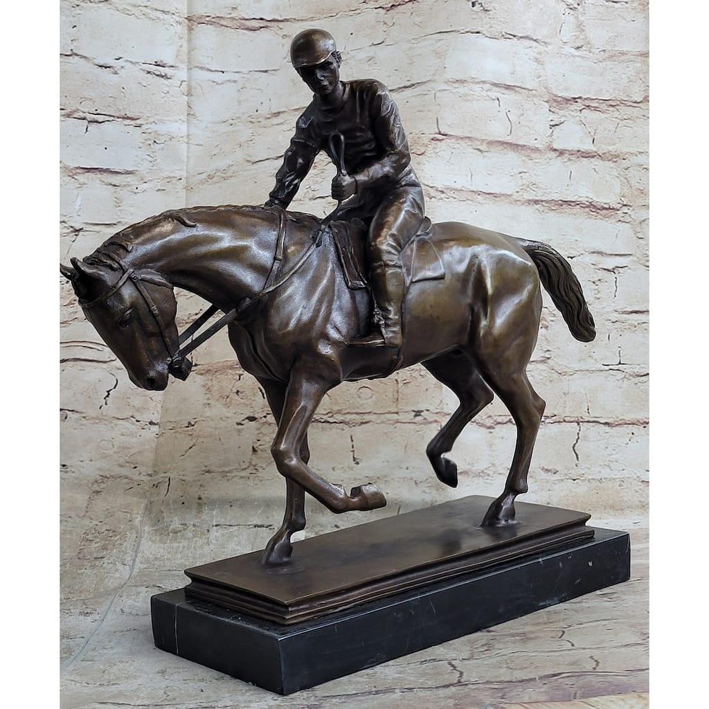 Signed Original Jockey With Horse Bronze Marble Base Hot Cast Sculpture Figure