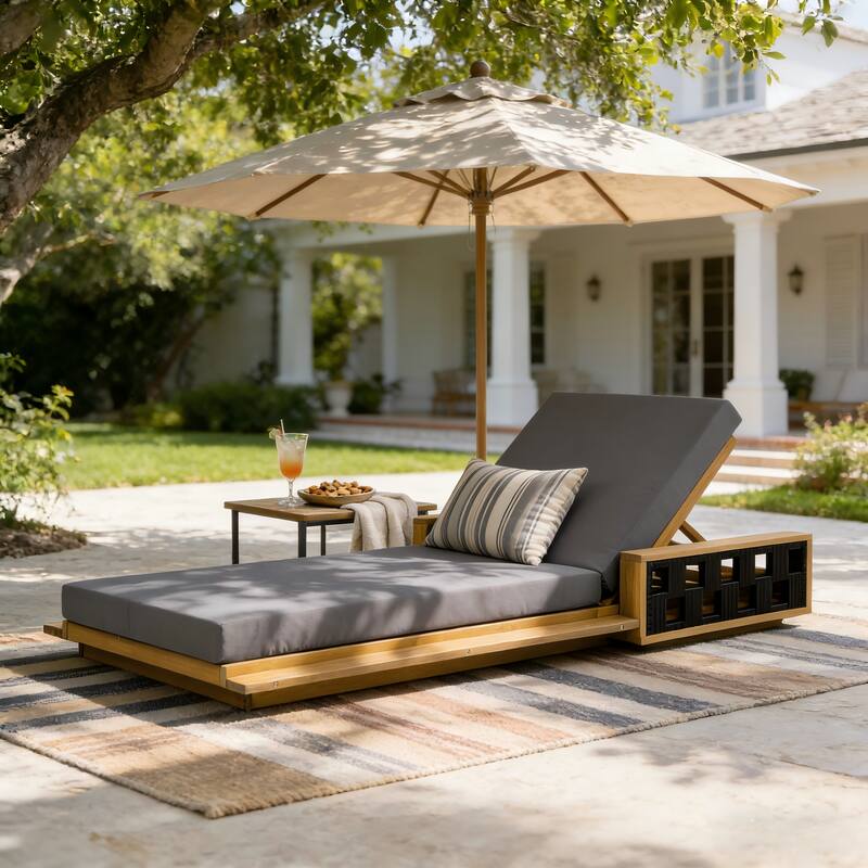 Christopher Knight Home - Modern Outdoor Solid Acacia Wood Lounge Chair with Adjustable Recline and Rope Accents - 78.94"L - Dark Grey Cushion+Teak Finish Wood+Black Rope