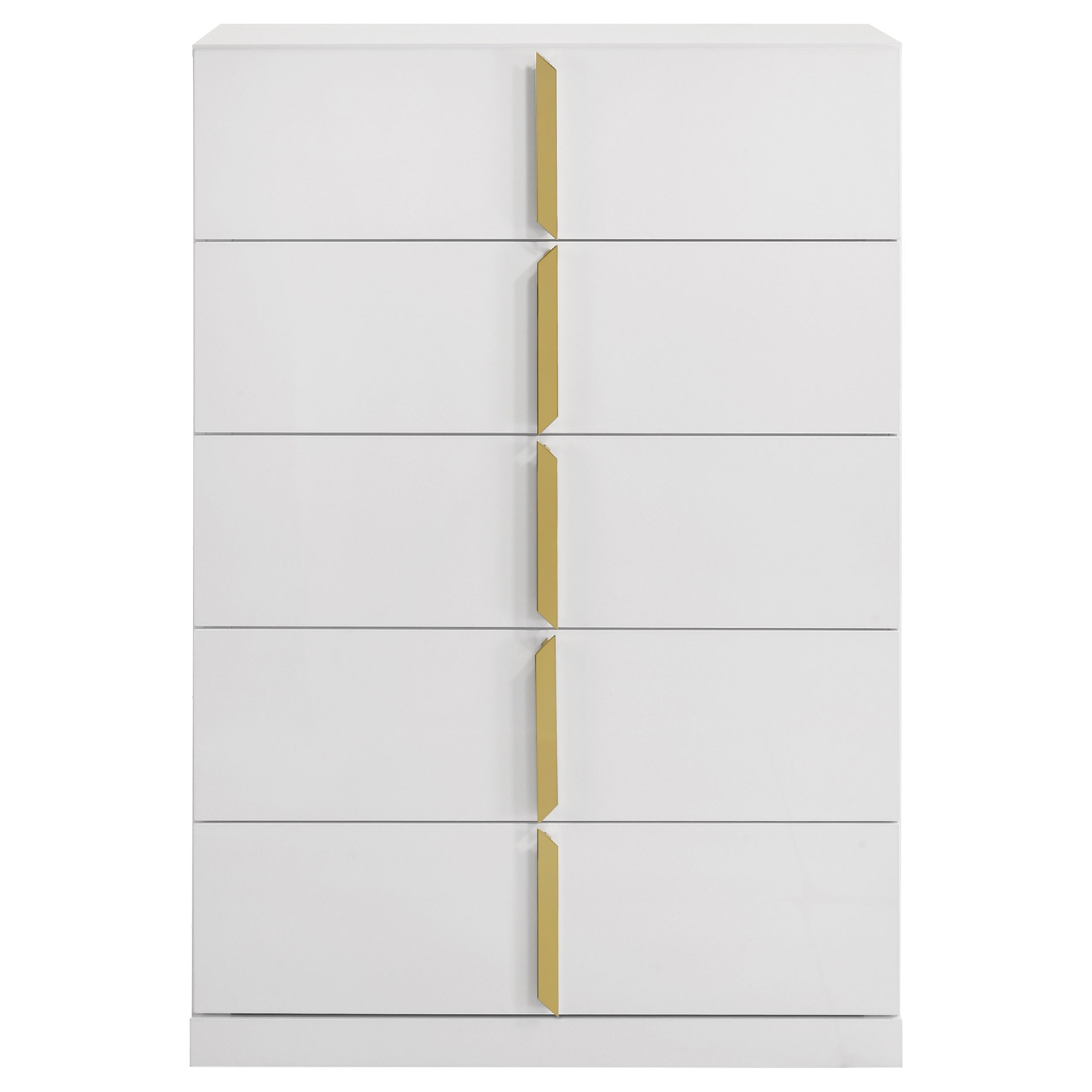 Orion Tall Dresser Chest with 5 Drawers, Gold Handles, Glossy White Wood