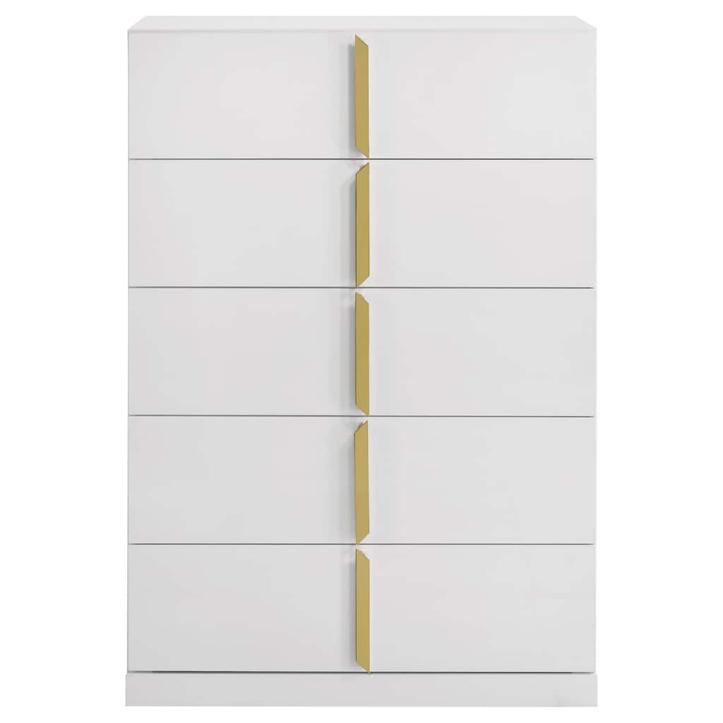 Orion Tall Dresser Chest with 5 Drawers, Gold Handles, Glossy White Wood