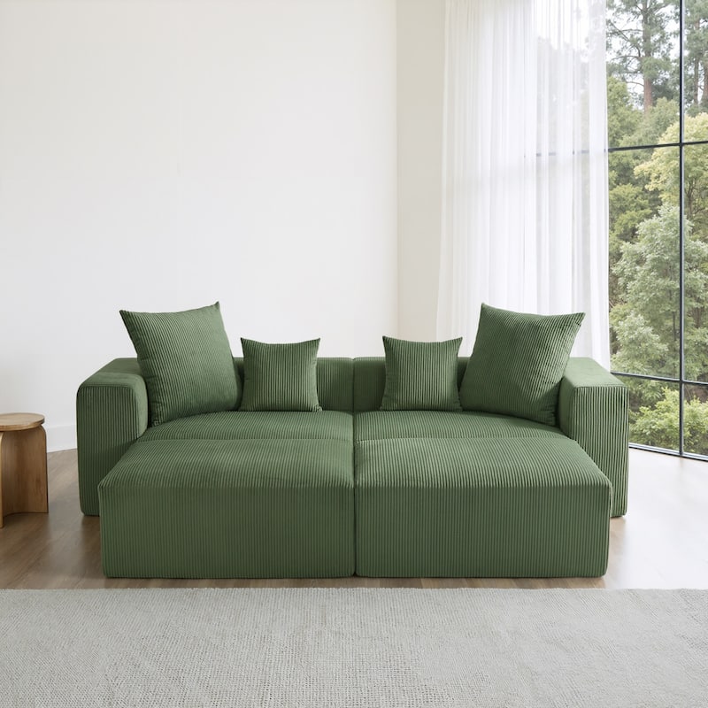 4-Piece Modern Corduroy Modular Sectional Sofa Set with 4 Throw Pillows - Green - Symmetrical