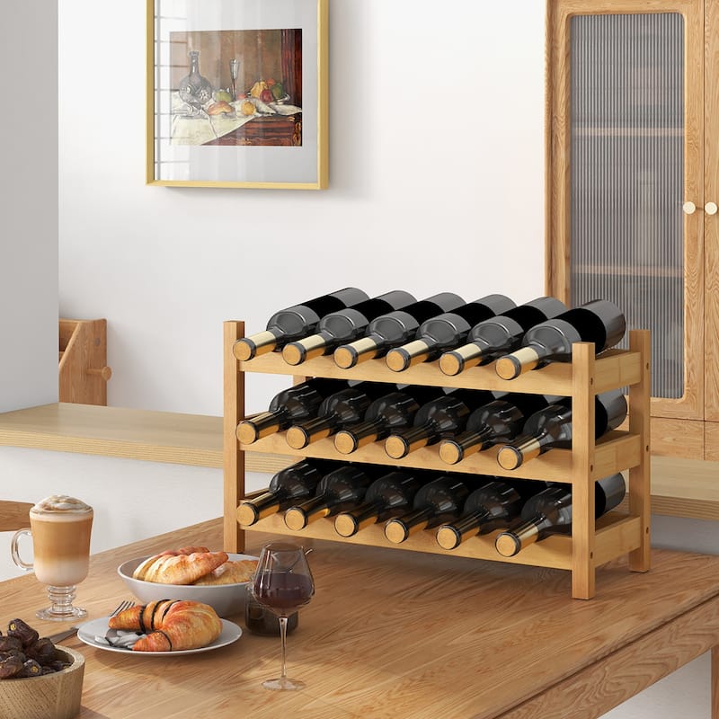 Gymax 3 Tier 18 Bottle Wine Storage Cabinet Shelf Bamboo Wine Rack for