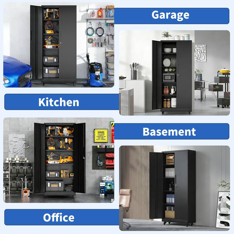 71"H Metal Garage Storage Cabinet with Wheels and Lock, 4 Adjustable Shelves (180lb Each), 3-Point Locking Security