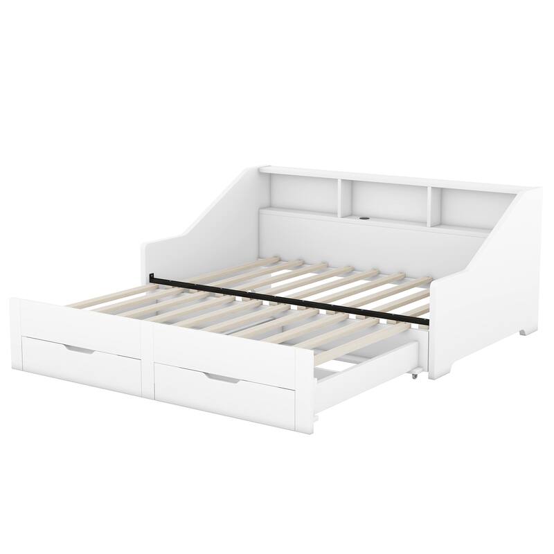 Twin to King Size Daybed Frame with Storage Bookcases and 2 Drawers