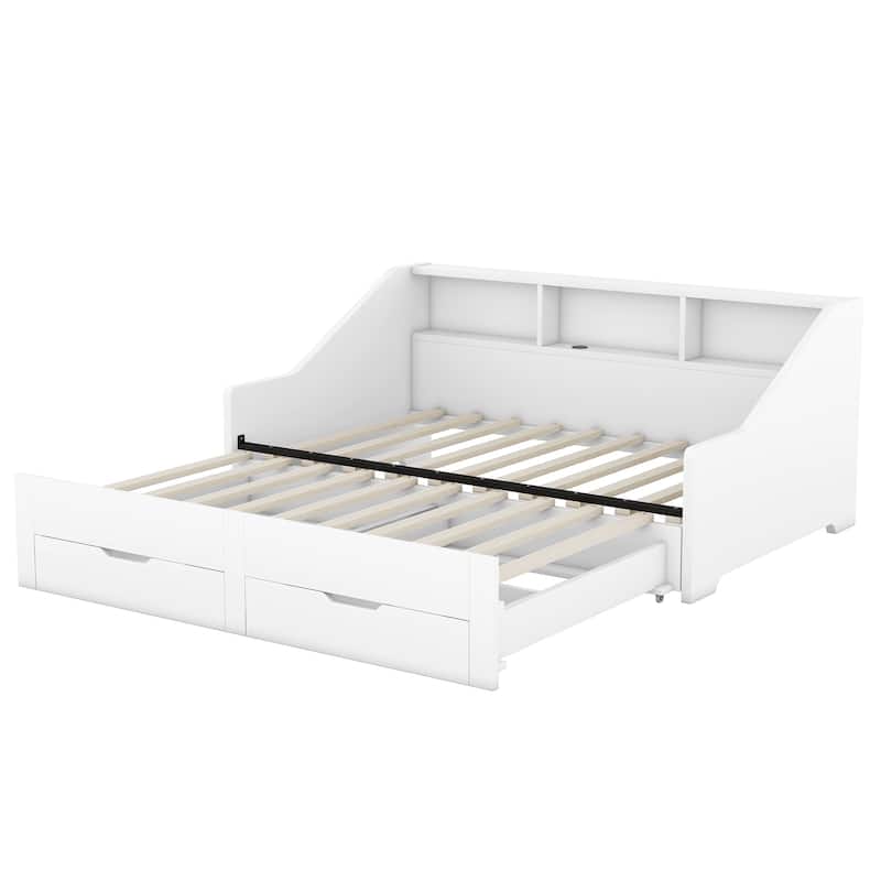 Twin to King Size Daybed Frame with Storage Bookcases and Two Drawers