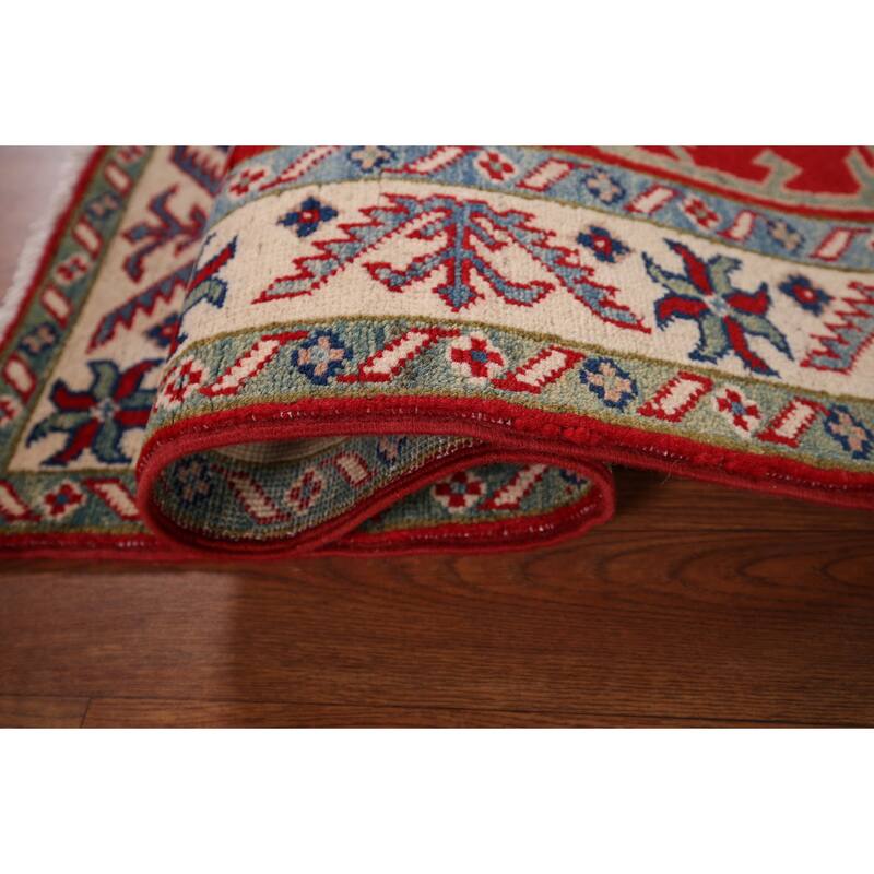 Red Geometric Kazak Accent Rug Handmade Wool Carpet - 2'9" x 4'1"