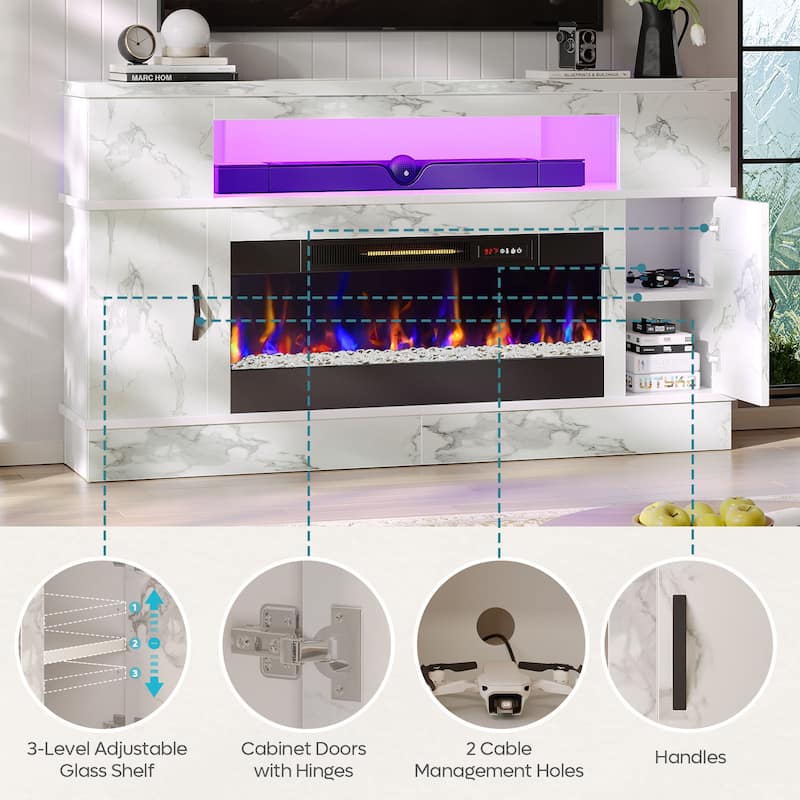 Bestier 63 in. White Marble Freestanding Electric Fireplace TV Stand Fits TV Up to 70 in. Entertainment Center with Cabinet