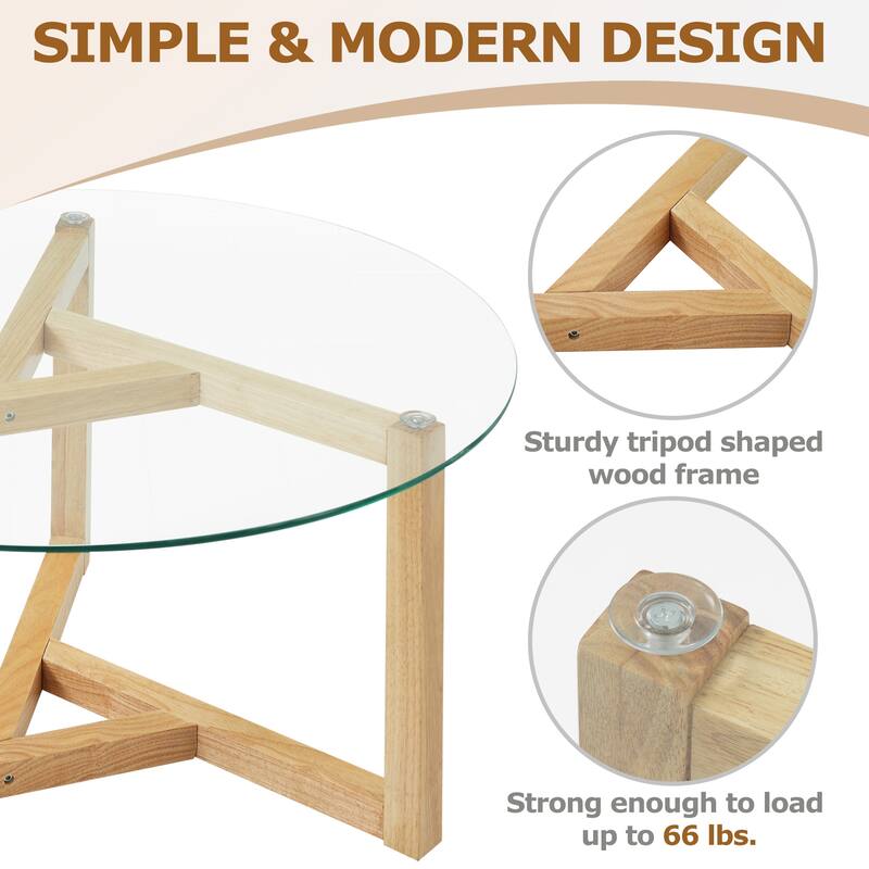 35.43" Modern Coffee Table with Tempered Glass Top and Sturdy Wood Base