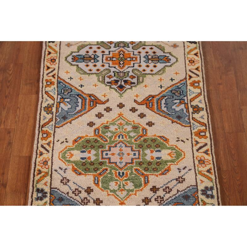 Geometric Heriz Serapi Runner Rug Hand-Knotted Beige Wool Carpet - 2'6" x 7'11"
