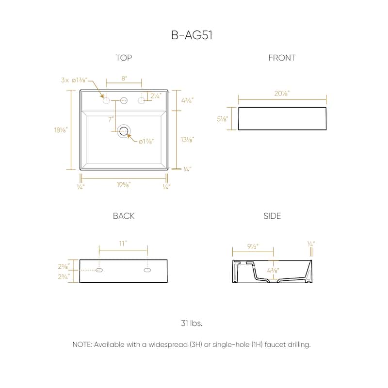 Rectangular Wall Mount Basin with Faucet Drilling Options and Overflow