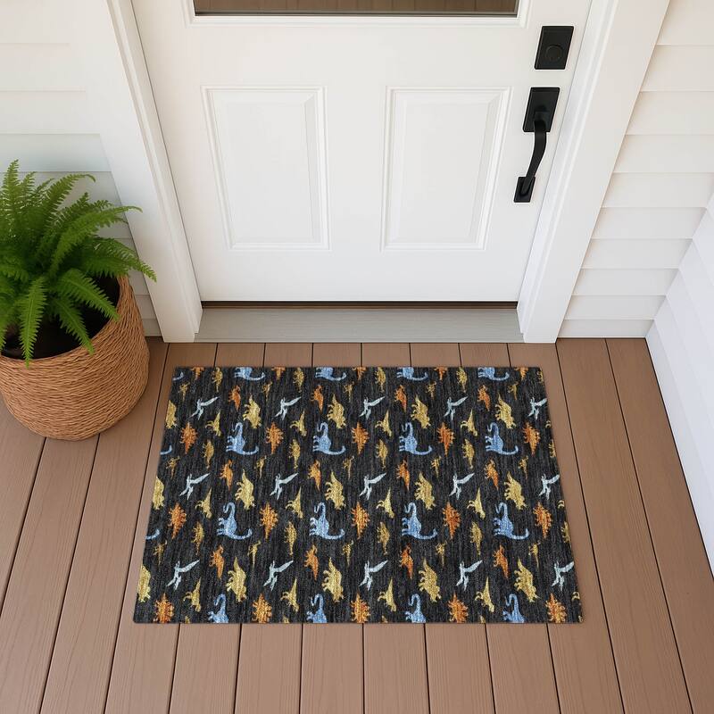 Machine Washable Indoor/ Outdoor Modern Dinosaur Chantille Rug - Black - 1'8" x 2'6"