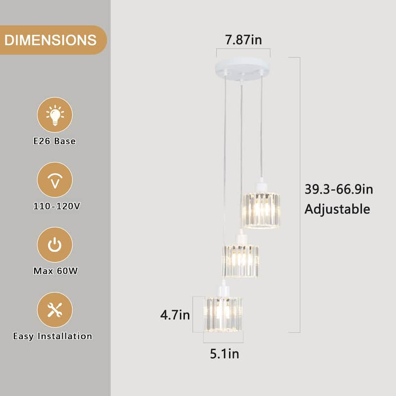 3-Light Modern Metal Hanging Pendant Light Ceiling Light Chandelier with Crystal Cover for Kitchen Island
