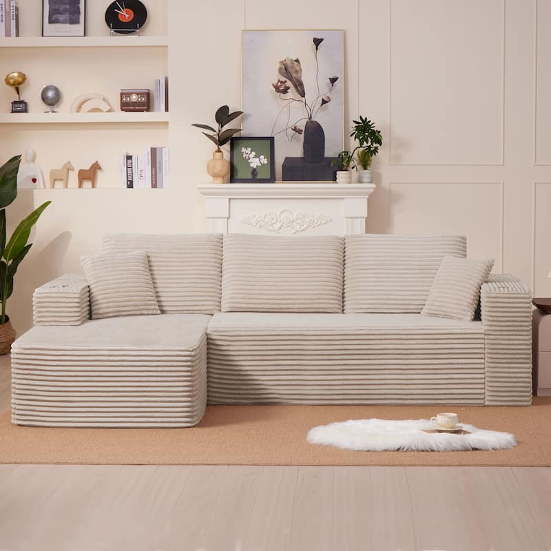 102.76" Corduroy Cloudy L Shaped Sofa with Chaise and Pillows - Beige