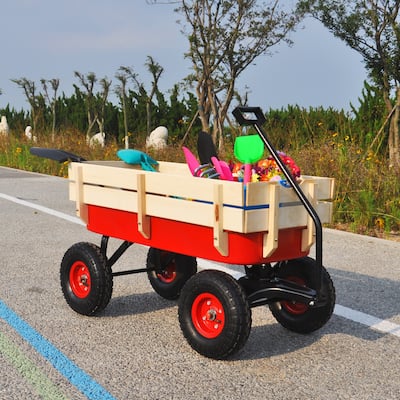 Outdoor Wagon All Terrain Pulling with Wood Railing Air Tires Children Kid Garden