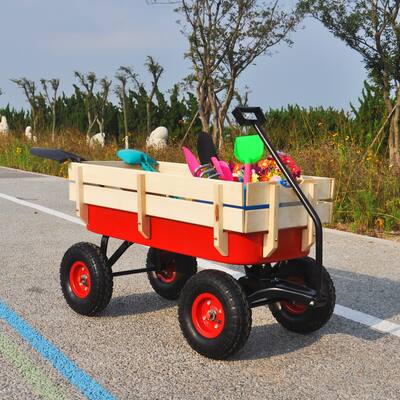 Outdoor Wagon All Terrain Pulling w/Wood Railing Air Tires Children Kid Garden