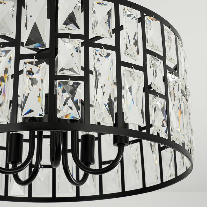 3/5-Light Industrial Vintage Black Drum Semi-Flush Mount Ceiling Light with Crystal Accents