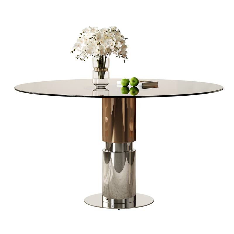 35-Inch Round Glass Dining Table, Tempered Glass Tabletop, Stainless Steel Legs, Suitable for 2-4 People - Brown