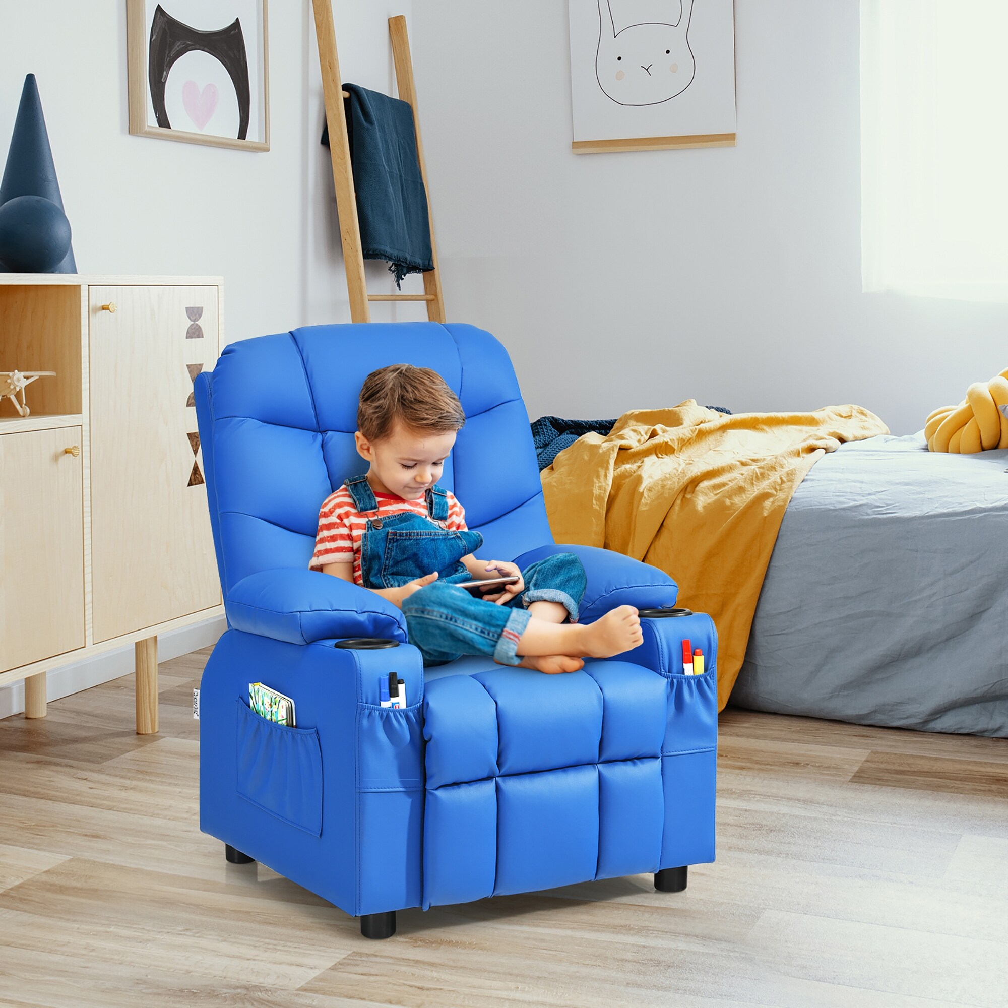 Costway Kids Youth Recliner Chair PU Leather w Cup Holders Side