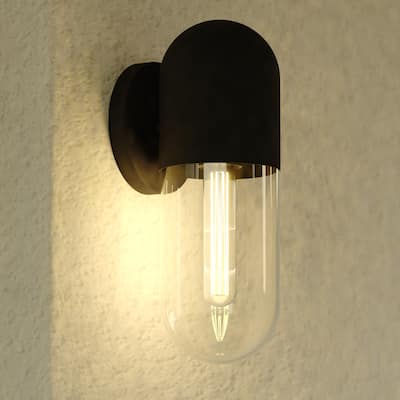 West Loop 1 Light Matte Black Contemporary Indoor-Outdoor Wall Sconce Clear Pill Glass - 4.75-in W x 12.5-in H x 5.5-in D