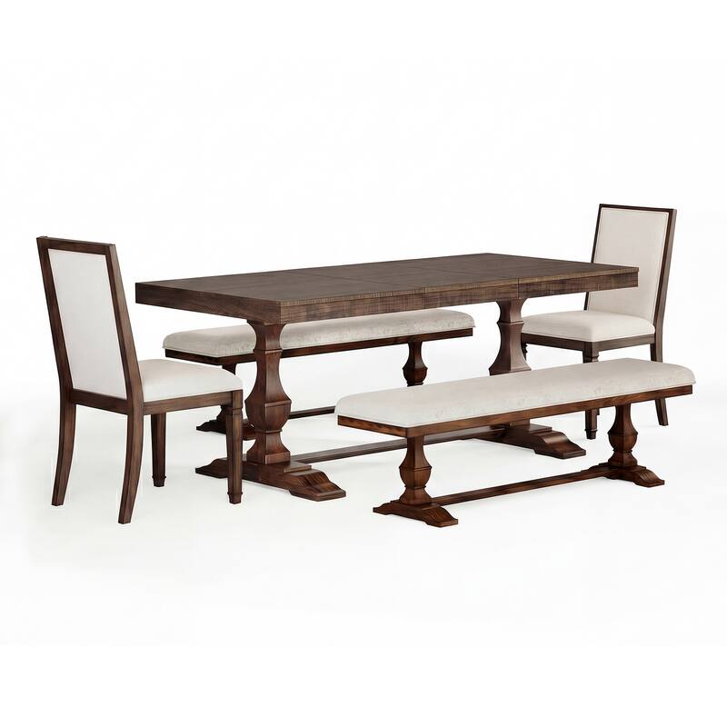 5-pieces Farmhouse Dining Table for 6, 74.8" Kitchen Table Set with 2 Benches and 2 Chairs, Solid Wood Legs and Cushion Seat