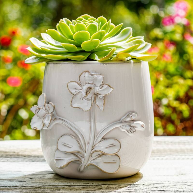 Decorative Ceramic Flower Planter with Flower Applique - Ivory
