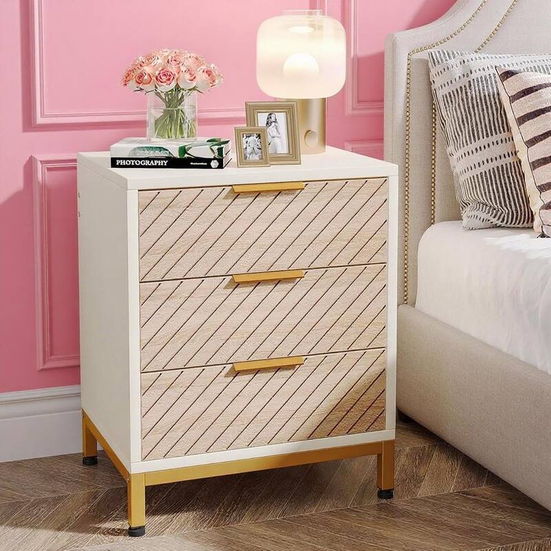 White-Gold Wood Nightstand with Adjustable Foot Pads and Multifunction