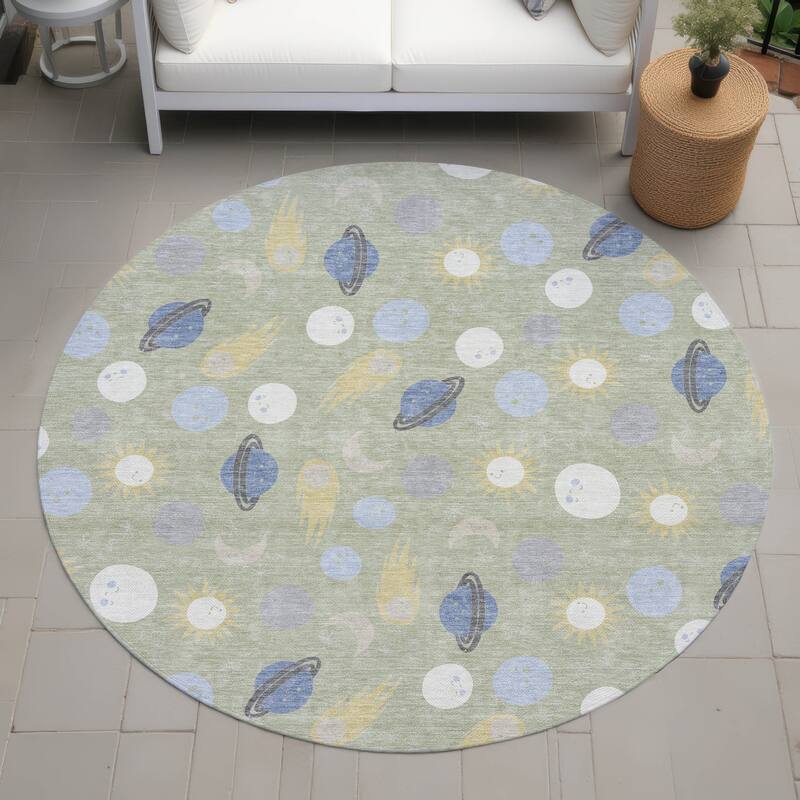 Machine Washable Indoor/ Outdoor Planets Comets Chantille Rug - Celery - 8' x 8'