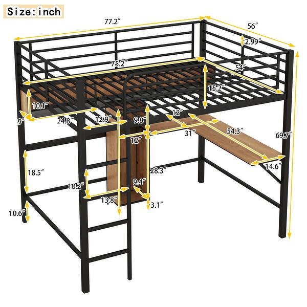 Full Size Loft Bed with Desk and Shelves in Black & Brown