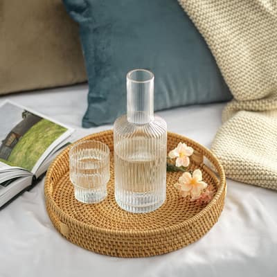 JoyJolt Elle Fluted Bedside Carafe Decanter Set with Glass- 26 oz - 26 oz