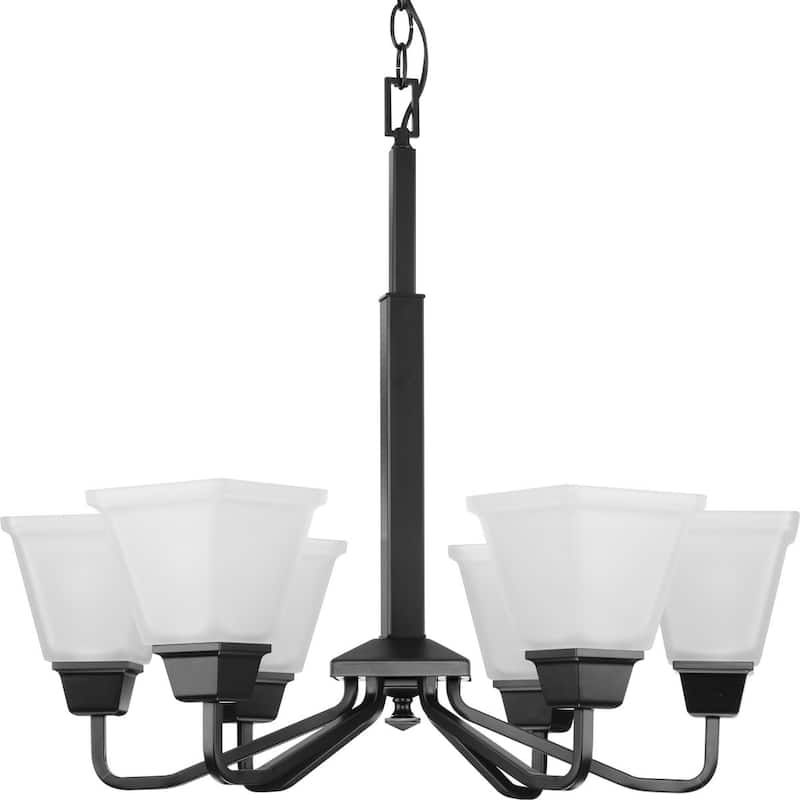 Clifton Heights Collection Six-Light Modern Farmhouse Matte Black Etched Glass Chandelier Light - 26 in x 26 in x 23.5 in - 26 in x 26 in x 23.5 in