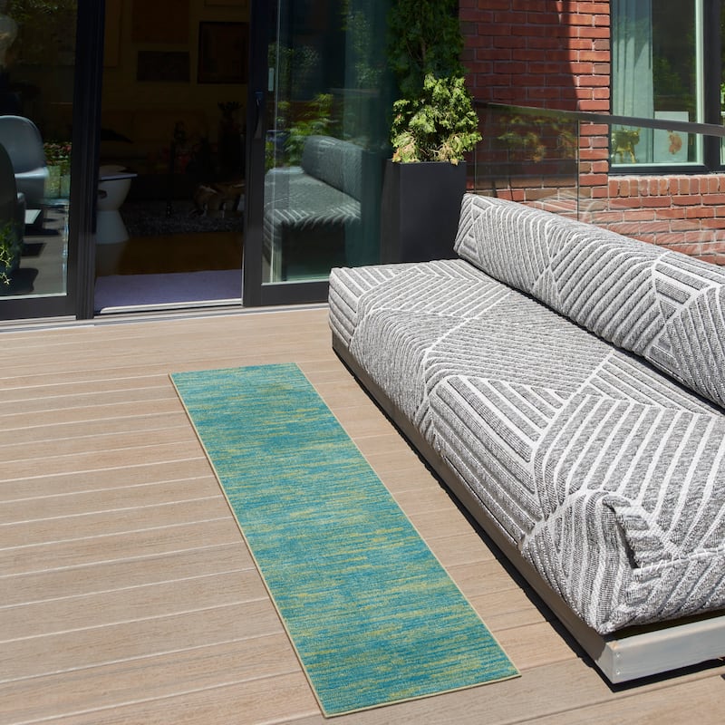 Nourison Essentials Solid Contemporary Indoor/Outdoor Area Rug - 2' x 6' Runner - Blue Green