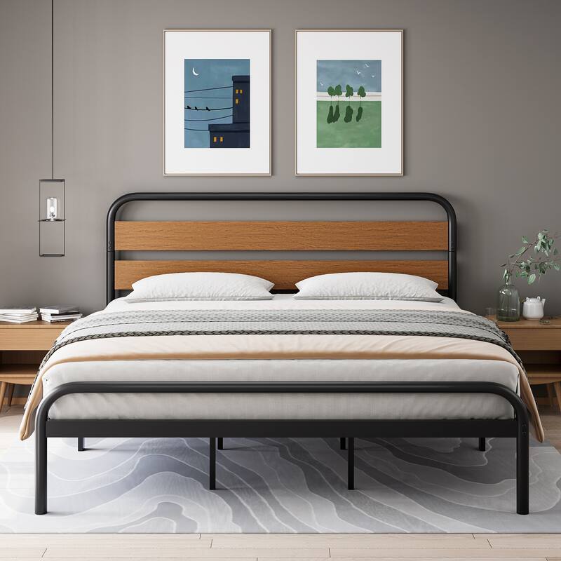 Platform Bed Frame with Wood Headboard, Heavy Duty Metal Slat Support, Noise Free Design - Red-brown - Queen