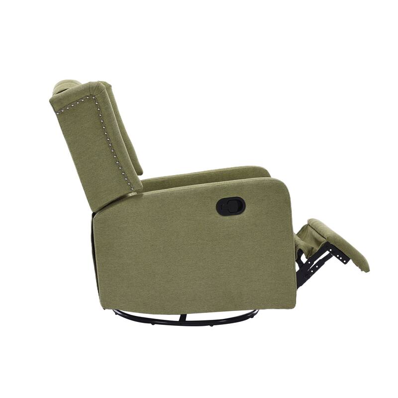 Olive Green Linen 360° Swivel Glider Rocker Manual Recliner with Button-tufted Backrest and Footrest for Living Room, Bedroom
