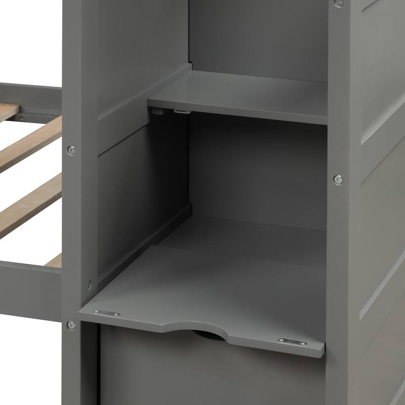 Convertible Twin over Full Bunk Bed with Storage Drawers and Shelves, Space-Saving Staircase Design, Gray