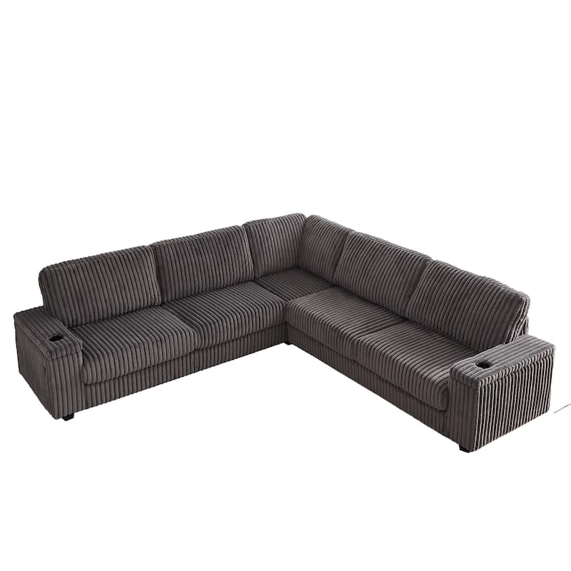 110" Corduroy L-Shaped Sectional Sofa with Storage, USB Charging and Cup Holders