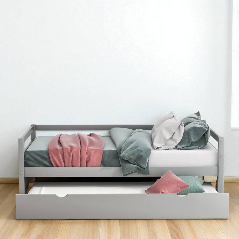 Twin Size Wood Daybed with Trundle, Solid Pine Frame, Guardrails and No Box Spring Required