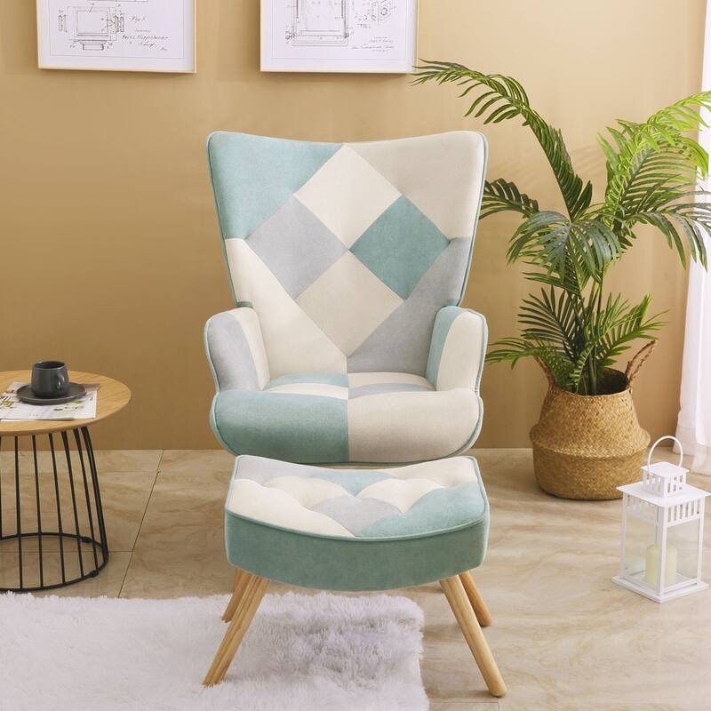 Accent Chair with Ottoman, Comfy Side Armchair for Bedroom, Creative Splicing Cloth Surface