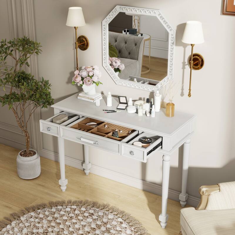 Retro Makeup Desk with Large Mirror, 3-Drawer Dressing Table