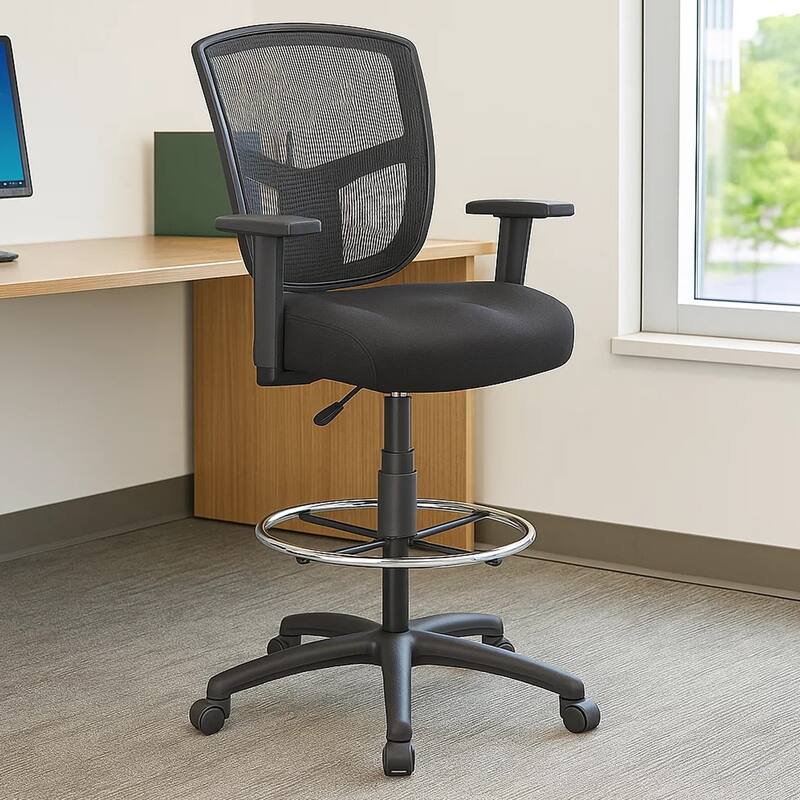 Mea Drafting Stool Chair, Adjustable Arms, Black Mesh, Chrome Footring