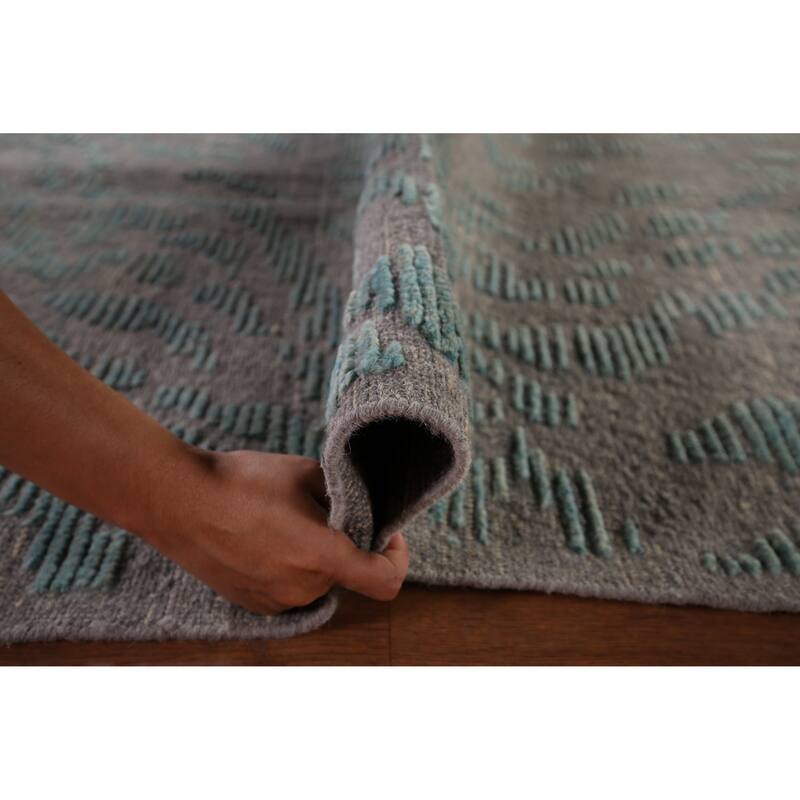 All-Over Grey Blue Moroccan Abstract Area Rug Hand-Knotted Wool Carpet - 9'0"x 12'1"