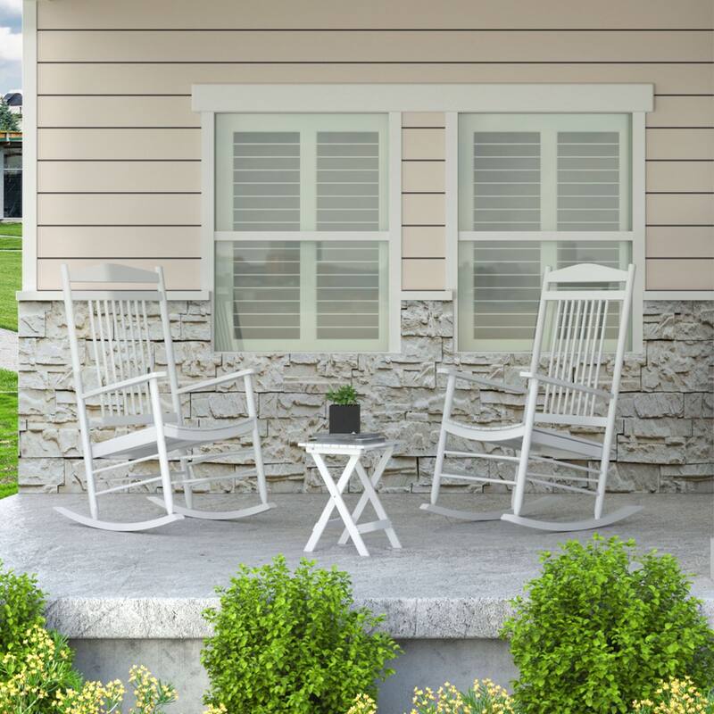 VEIKOUS 3-Piece Outdoor Rocking Chair Set with Folding Table for Patio and Porch - White