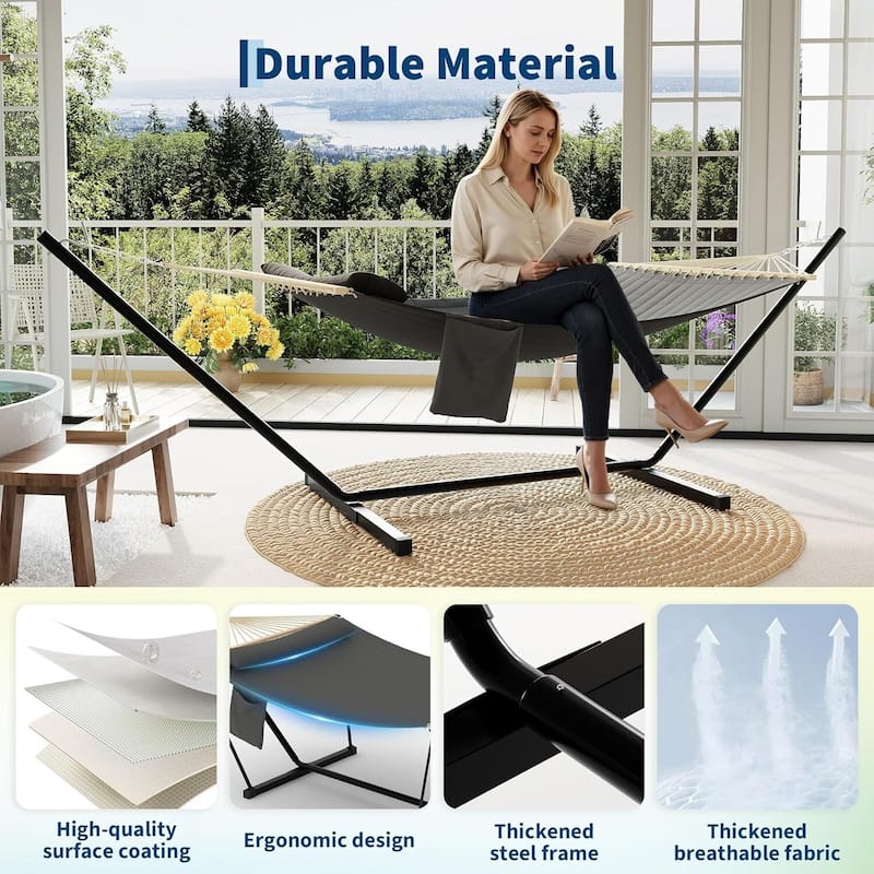 Heavy Duty Portable Double Hammock with Stand for Outdoor Patio, Garden, Beach, Backyard