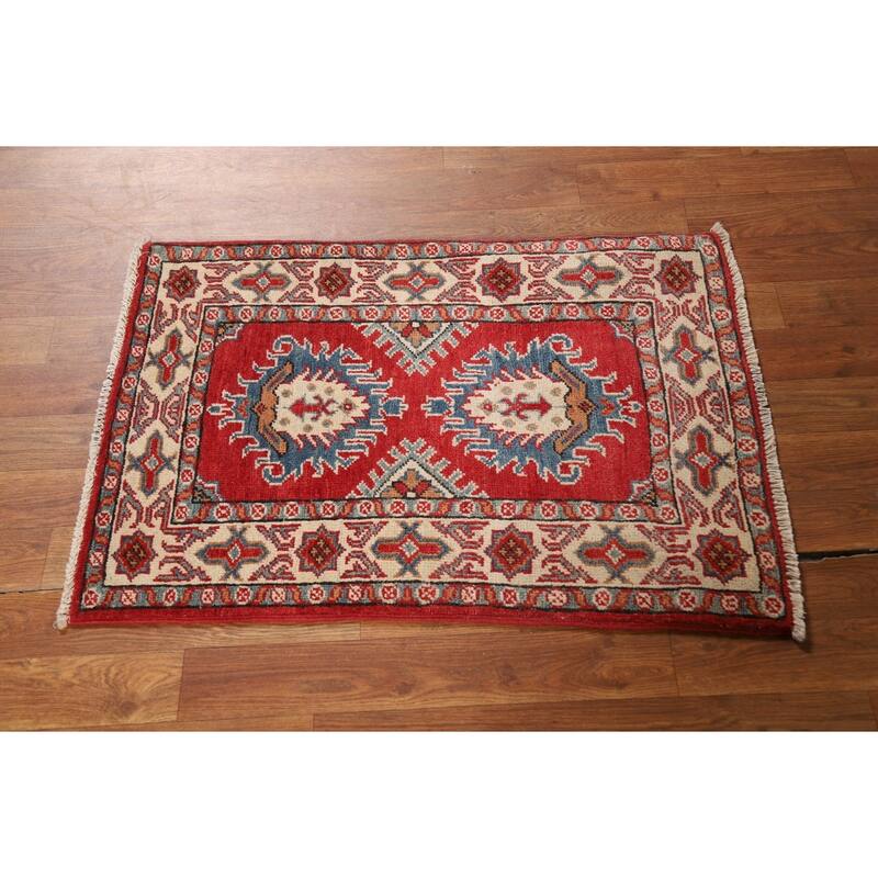 Geometric Kazak Oriental Rug Handmade Traditional Red Wool Carpet - 2'0" x 3'0"