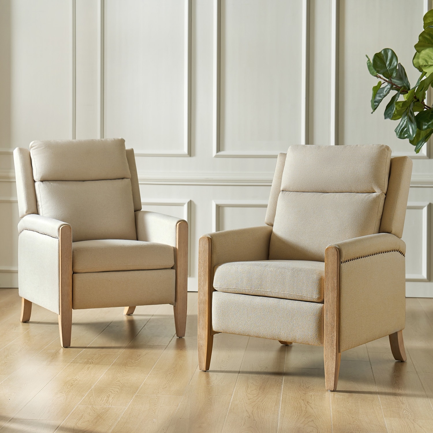 HULALA HOME Suares Transitional Nailhead Manual Recliner with Solid Wood Legs Set of 2