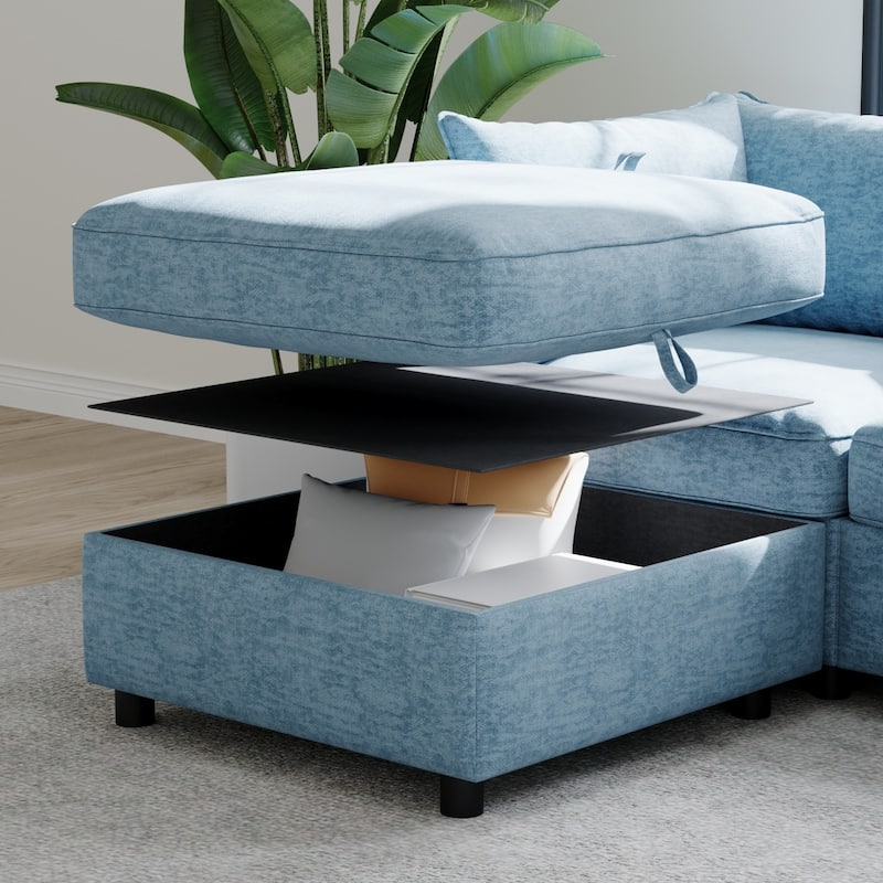 129" Chenille Sectional Sofa with Storage and Two Ottomans