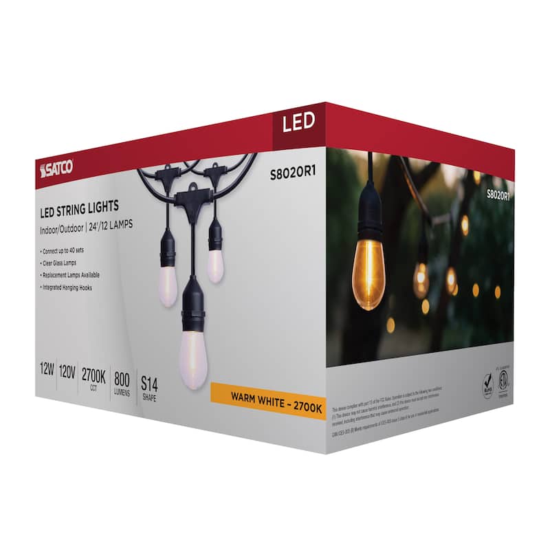 24 Foot LED String Light 12-S14 Lamps 2700K CCT Black 120 Volt