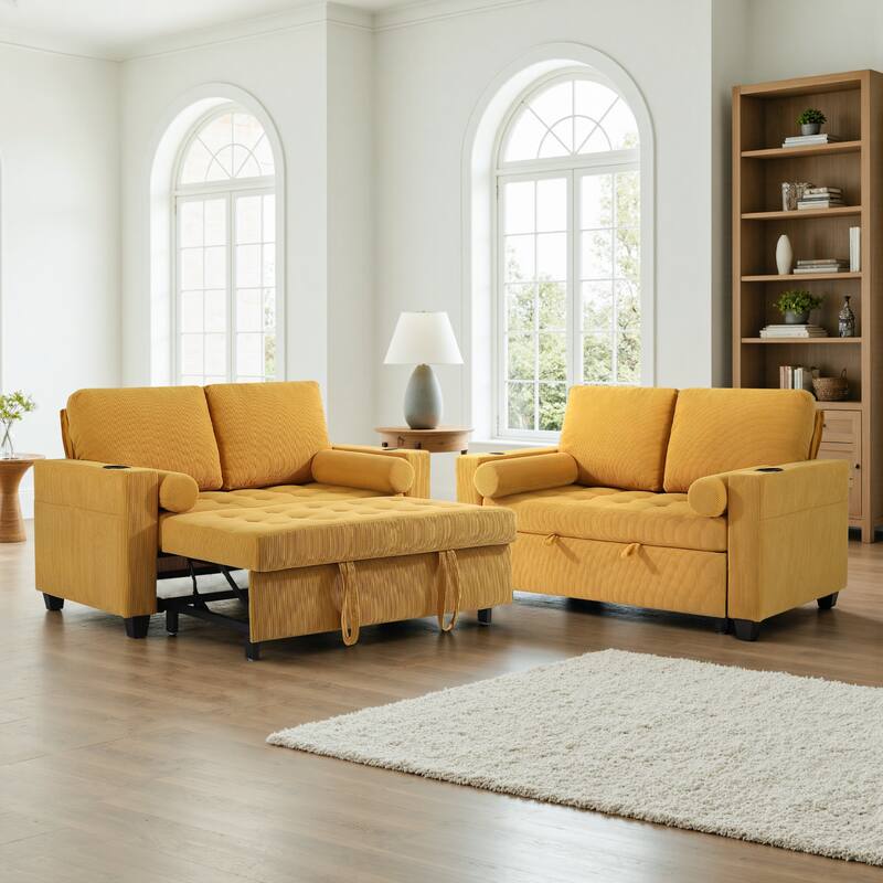 2 Set Corduroy Convertible Sleeper Sofa Bed Loveseats with Cup Holder, USB Ports - Yellow