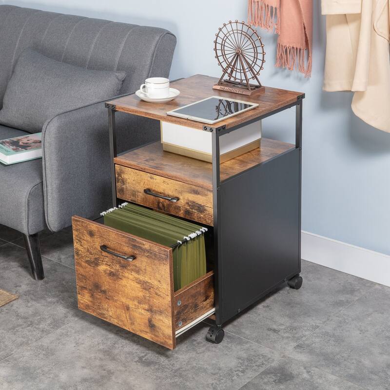 JJS Mobile Wood File Cabinet Open Shelf Filing Storage & Printer Stand for Letter-Size Hanging Files, Home Office Organizer